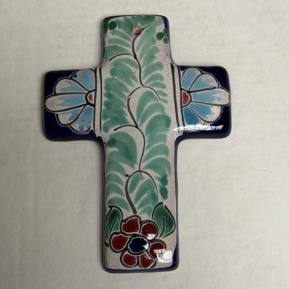 Mexican Talavera Cross Colorful Handmade Hand Painted Signed TG